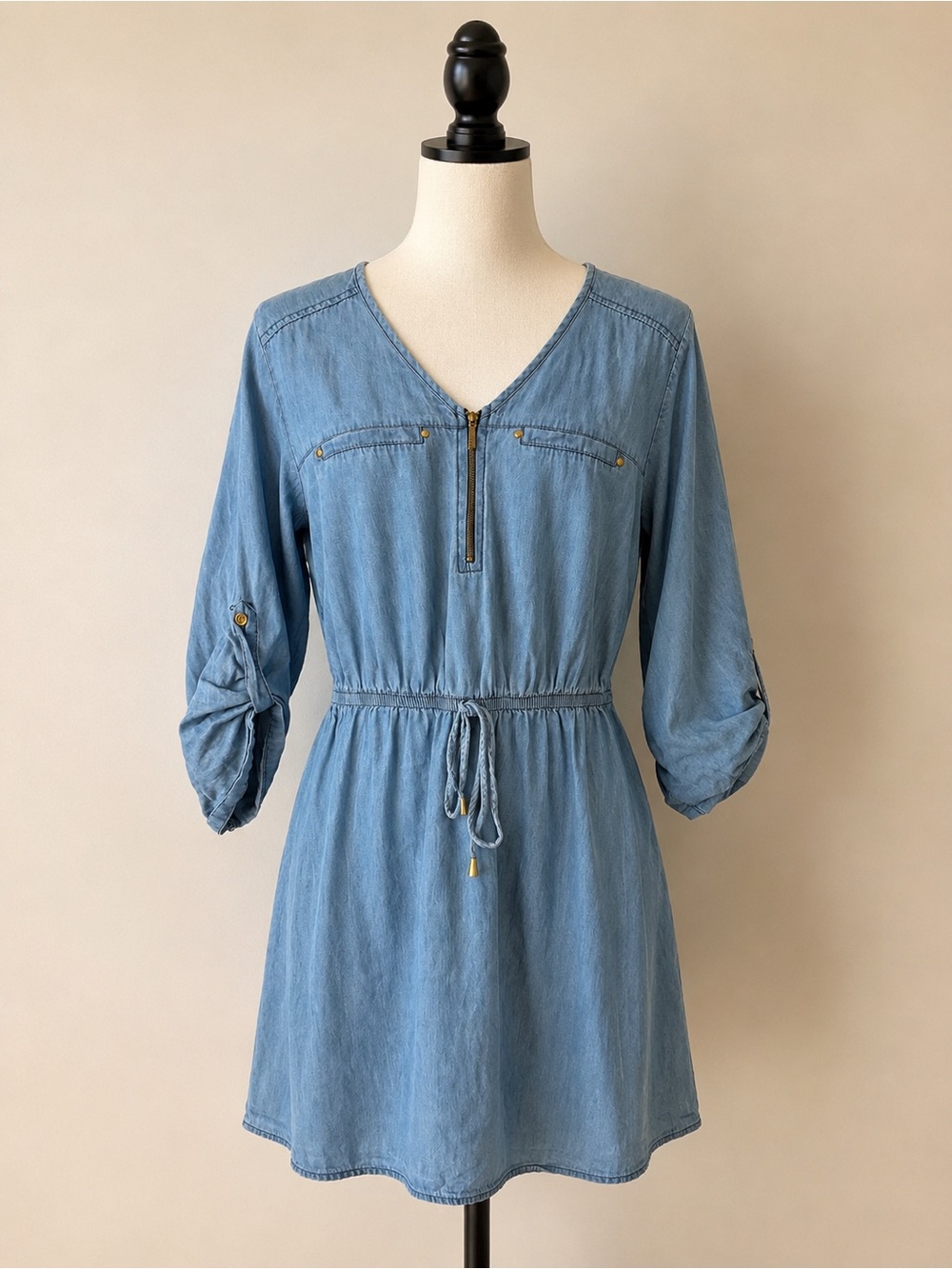 Chambray Denim Look Cotton Zip Drawstring Dress L